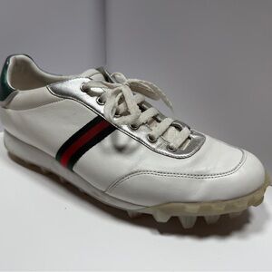 Gucci White Leather Athletic Shoes with Green and Red Stripes